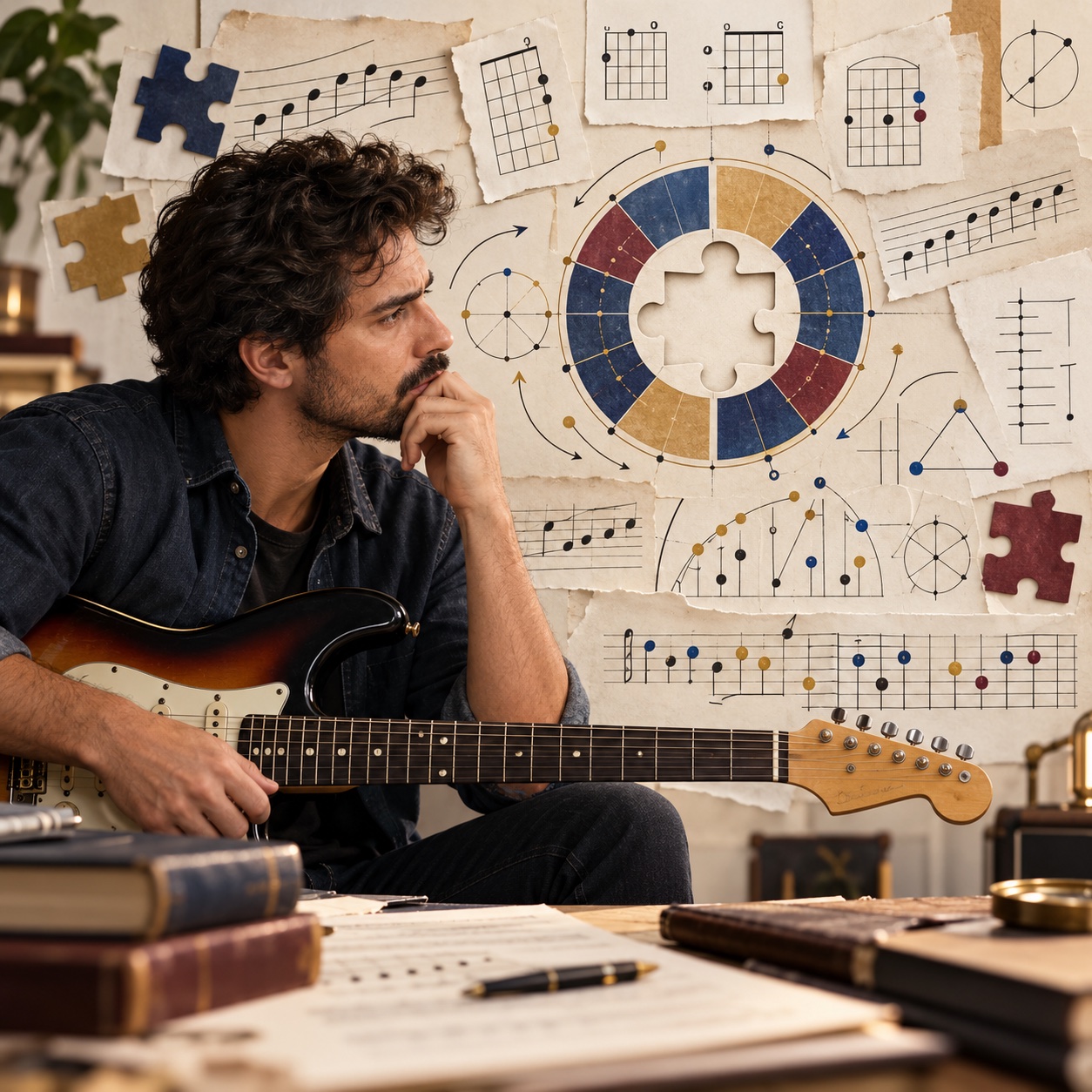 Guitarrista diante de diagramas musicais e uma peça harmônica ausente