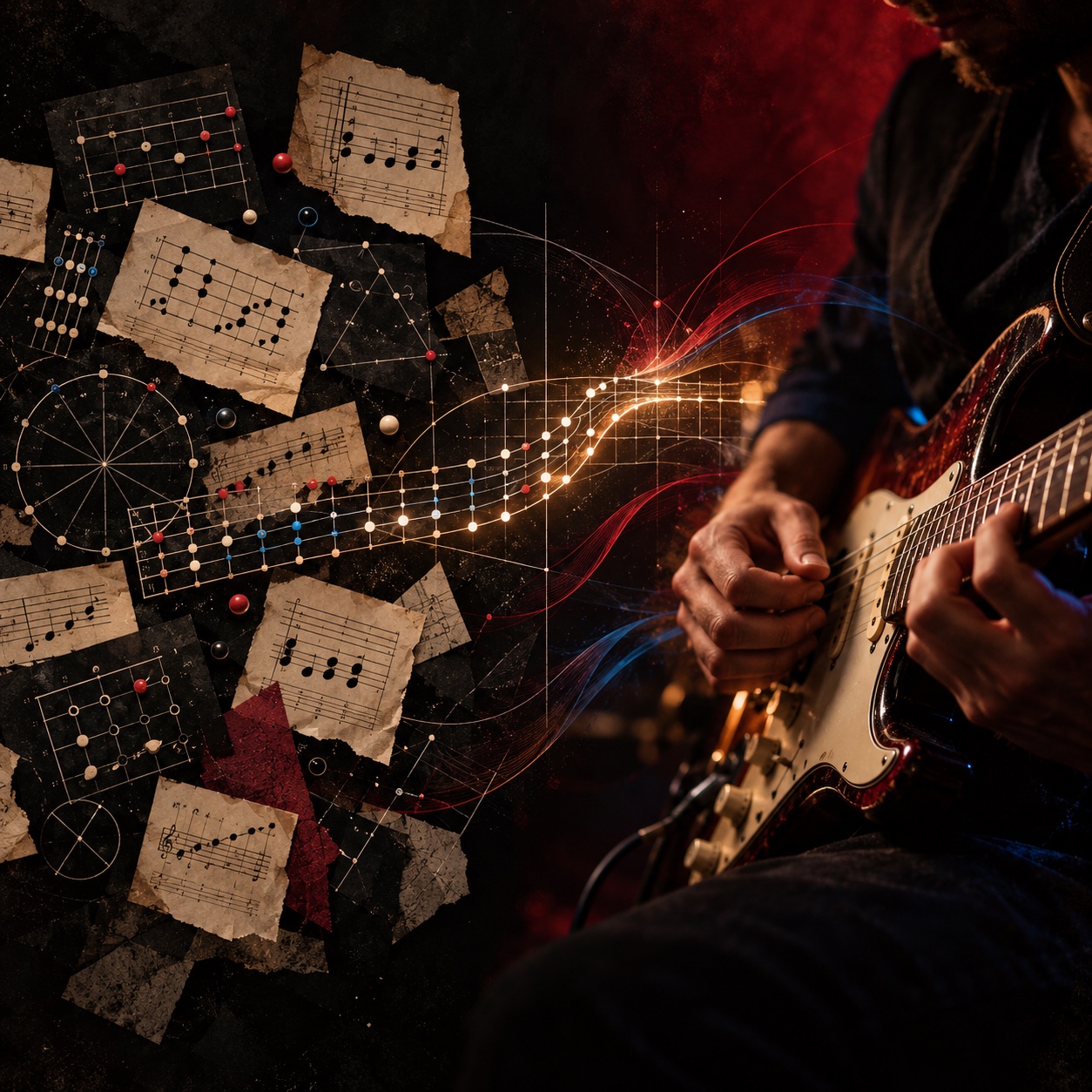 Fragmentos de teoria e harmonia se conectando à execução musical na guitarra
